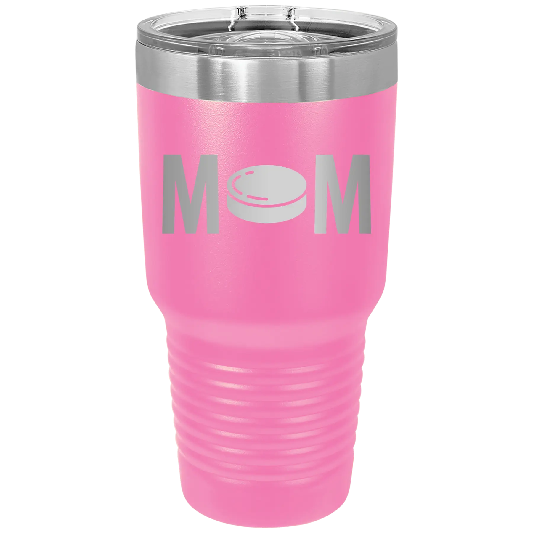 Laser etched pink 30 oz vacuum insulated tumbler with 'Mom Hockey' design