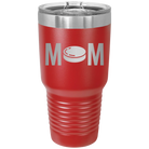 Laser etched red 30 oz vacuum insulated tumbler with 'Mom Hockey' design
