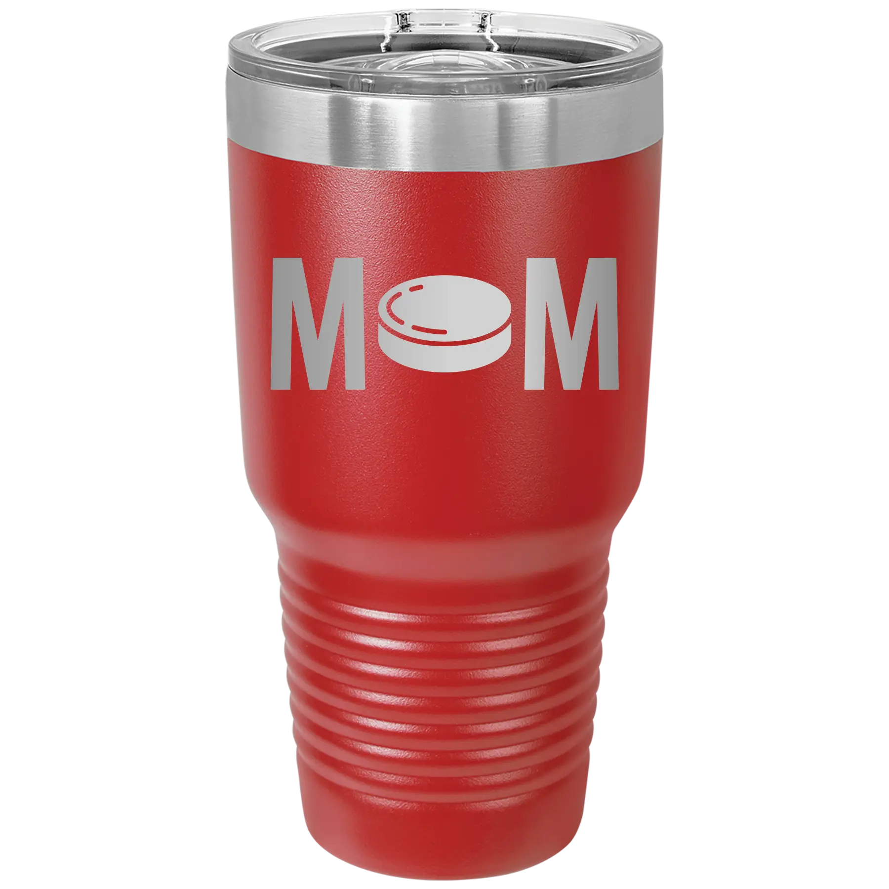 Laser etched red 30 oz vacuum insulated tumbler with 'Mom Hockey' design