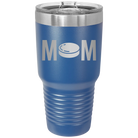 Laser etched royal blue 30 oz vacuum insulated tumbler with 'Mom Hockey' design