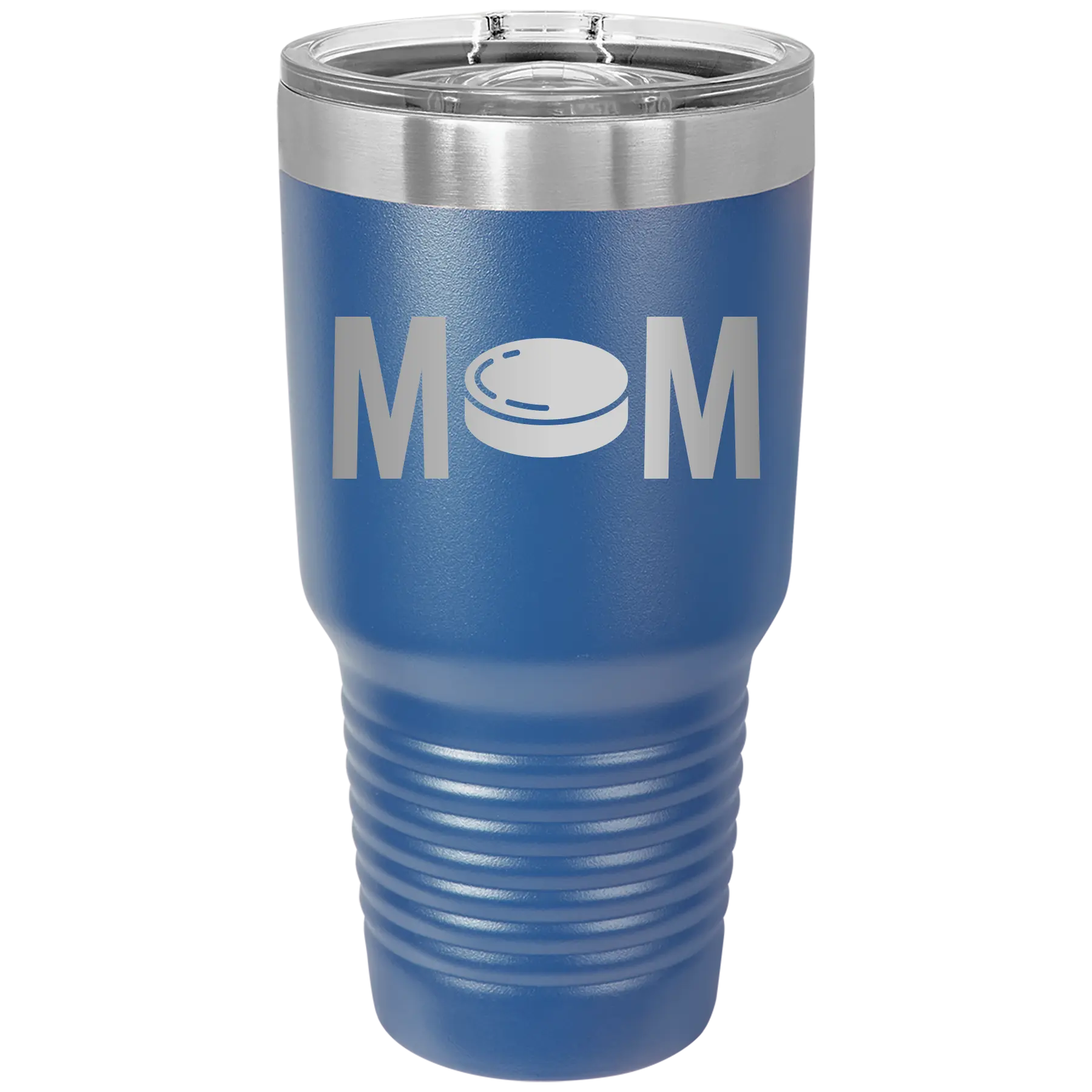 Laser etched royal blue 30 oz vacuum insulated tumbler with 'Mom Hockey' design