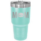 Laser etched teal 30 oz vacuum insulated tumbler with 'Mom Hockey' design