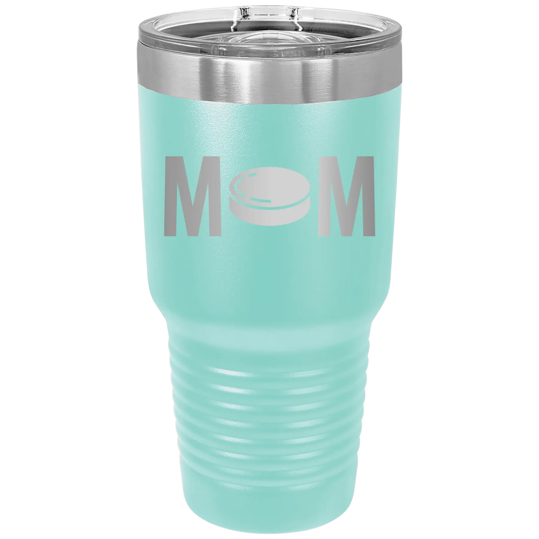 Laser etched teal 30 oz vacuum insulated tumbler with 'Mom Hockey' design
