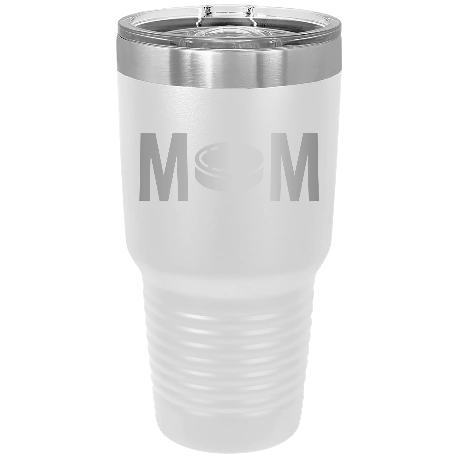 Laser etched white 30 oz vacuum insulated tumbler with 'Mom Hockey' design