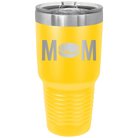 Laser etched yellow 30 oz vacuum insulated tumbler with 'Mom Hockey' design