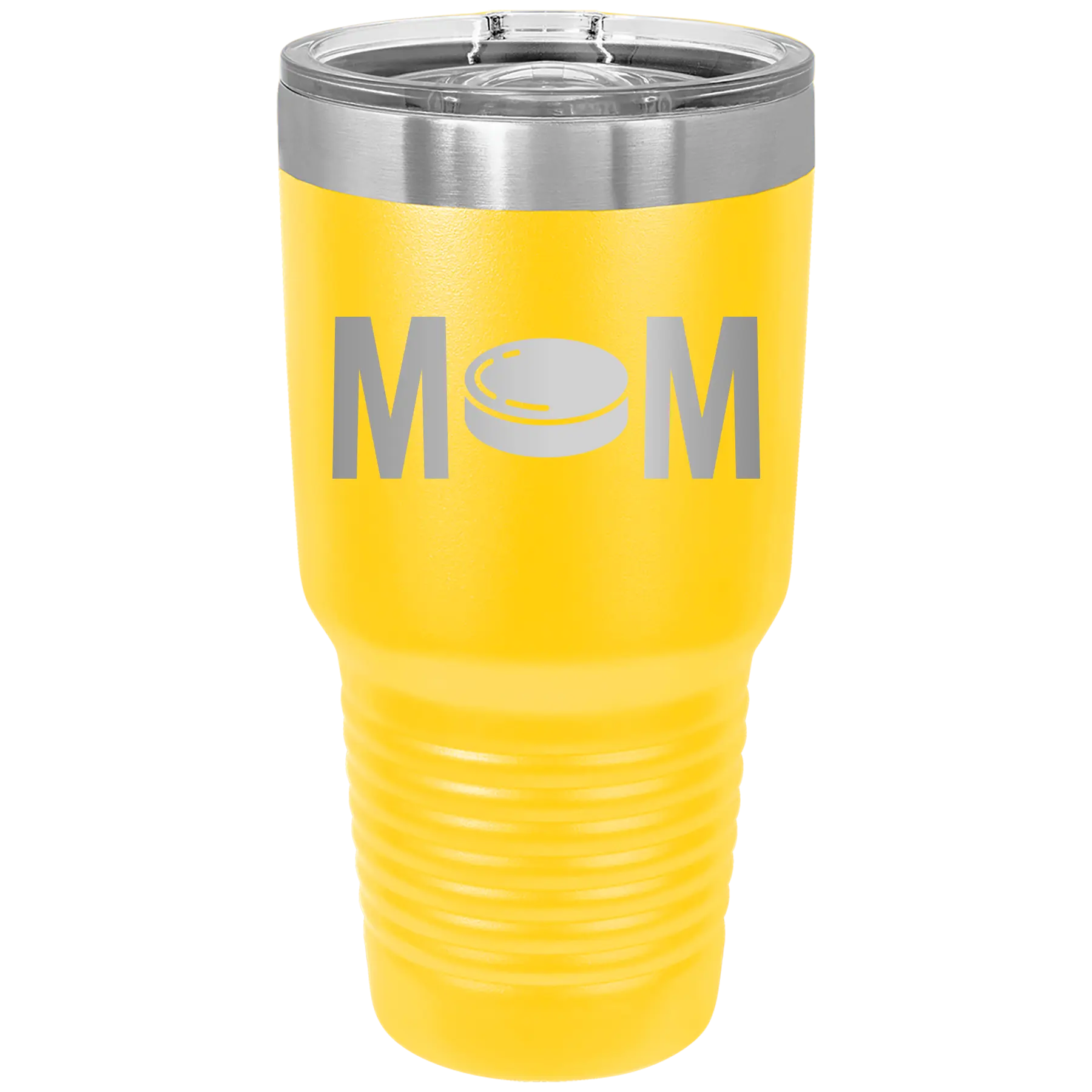 Laser etched yellow 30 oz vacuum insulated tumbler with 'Mom Hockey' design