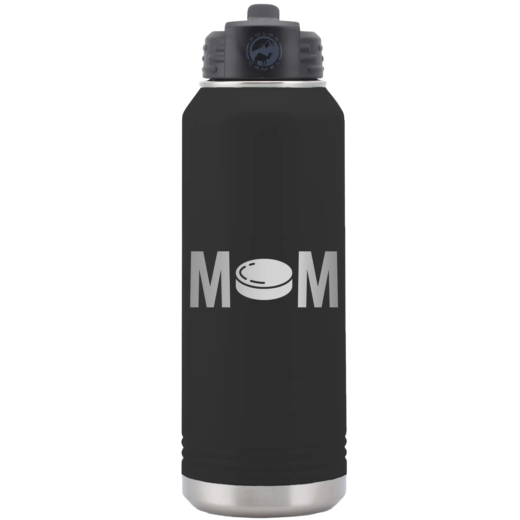 Laser etched black 32 oz vacuum insulated water bottle with 'Mom Hockey' design