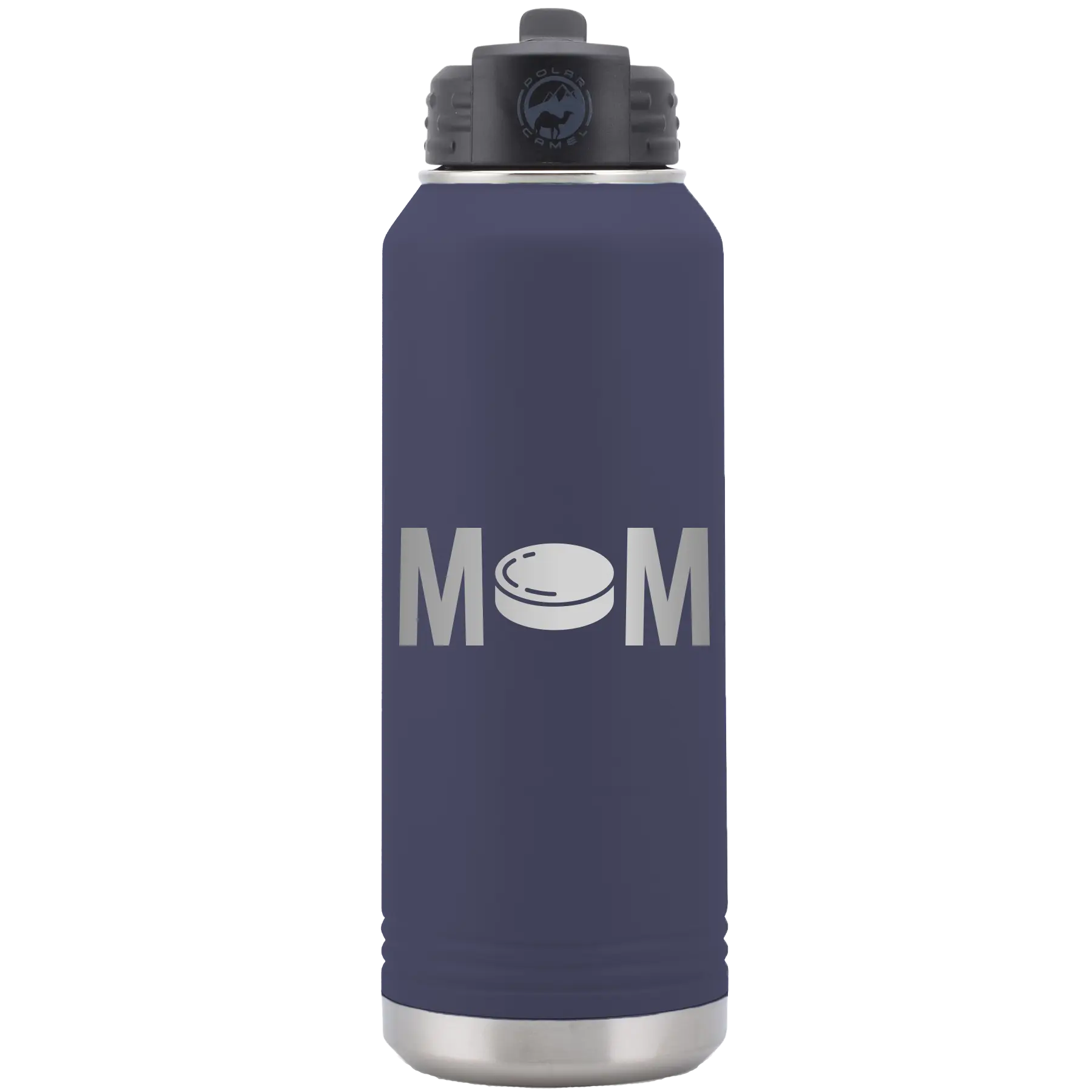 Laser etched navy 32 oz vacuum insulated water bottle with 'Mom Hockey' design