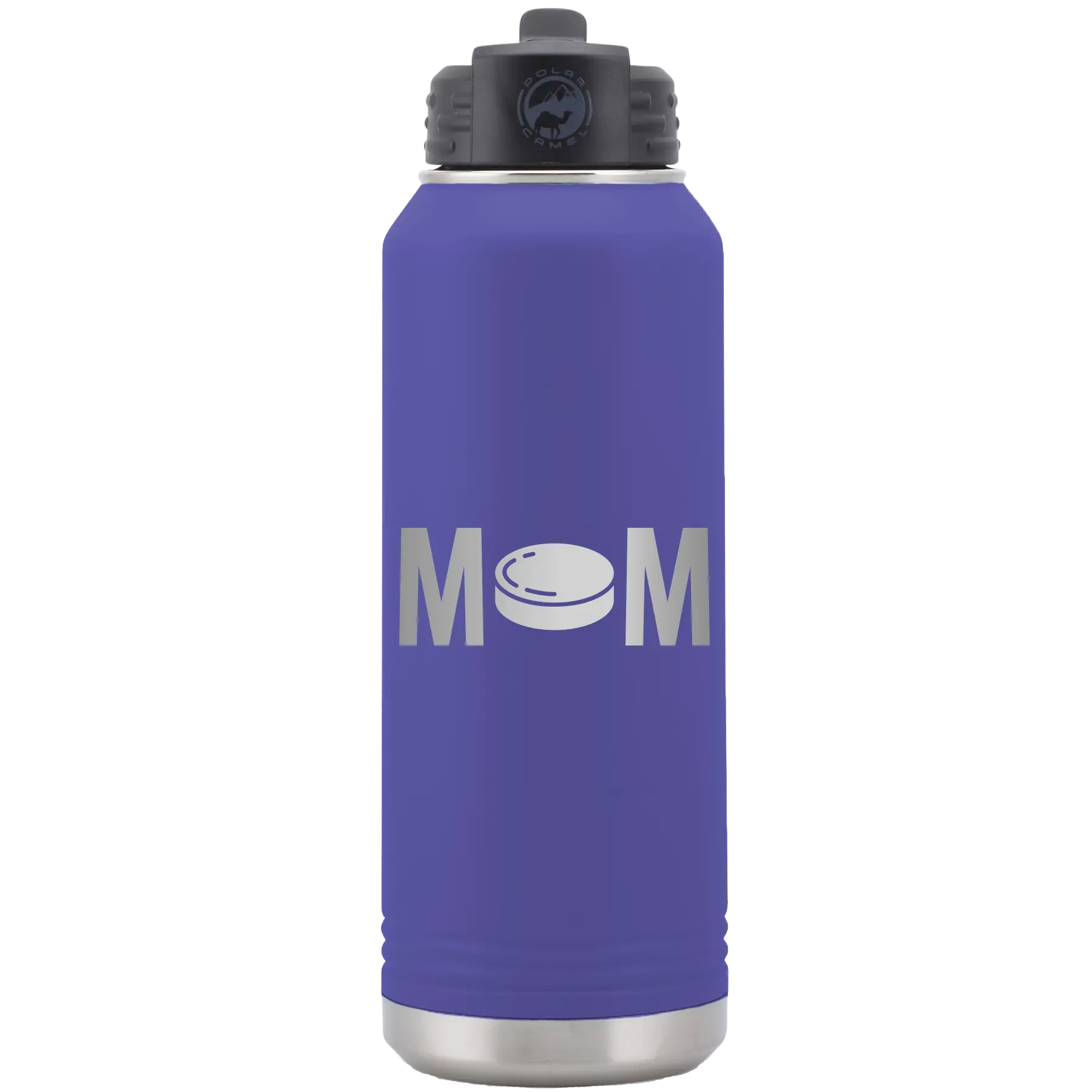 Laser etched purple 32 oz vacuum insulated water bottle with 'Mom Hockey' design