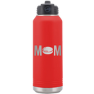 Laser etched red 32 oz vacuum insulated water bottle with 'Mom Hockey' design