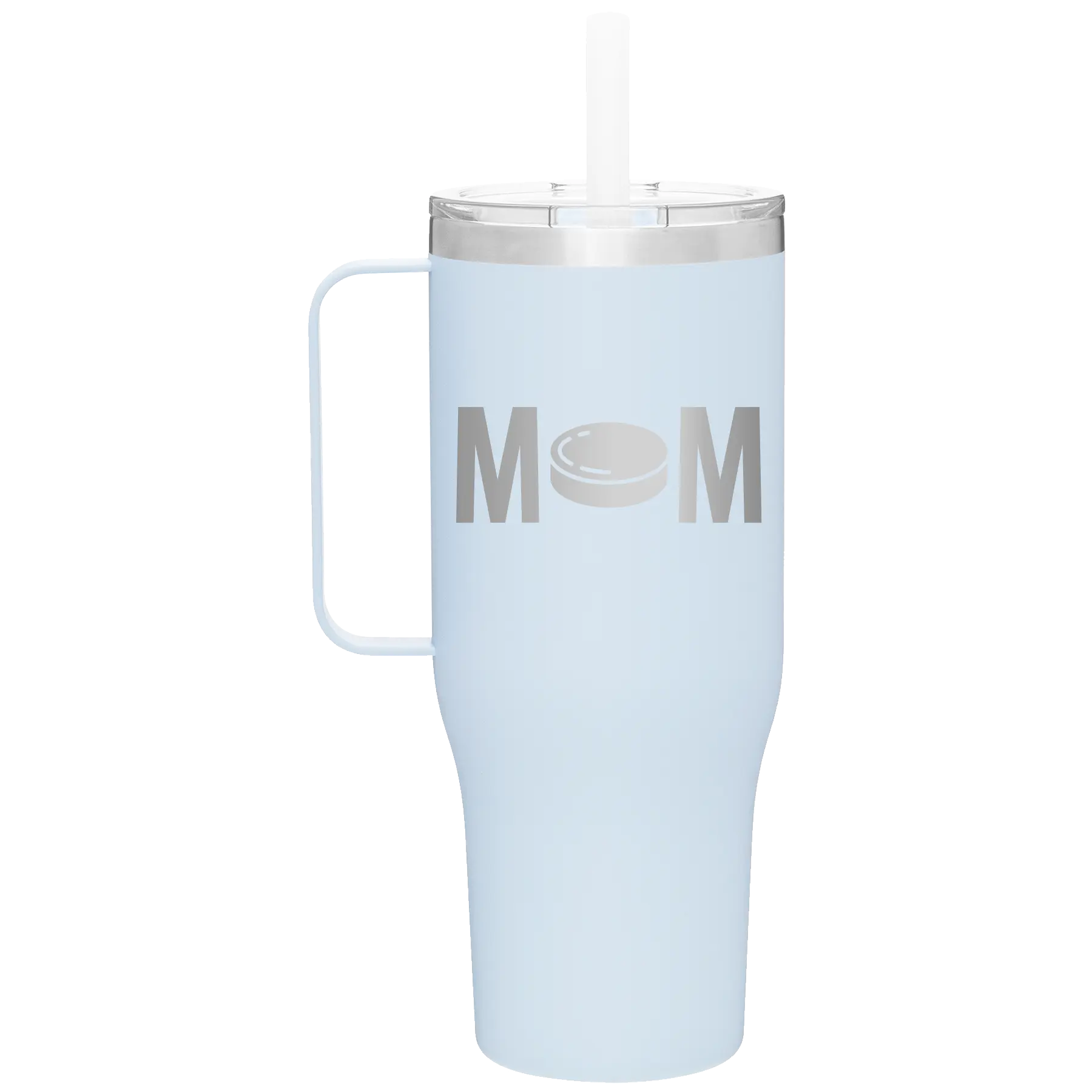 Laser etched landfall 40 oz vacuum insulated tumbler mug with 'Mom Hockey' design