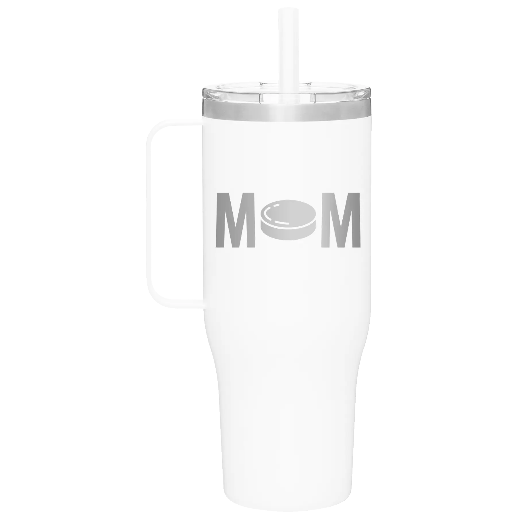 Laser etched white 40 oz vacuum insulated tumbler mug with 'Mom Hockey' design