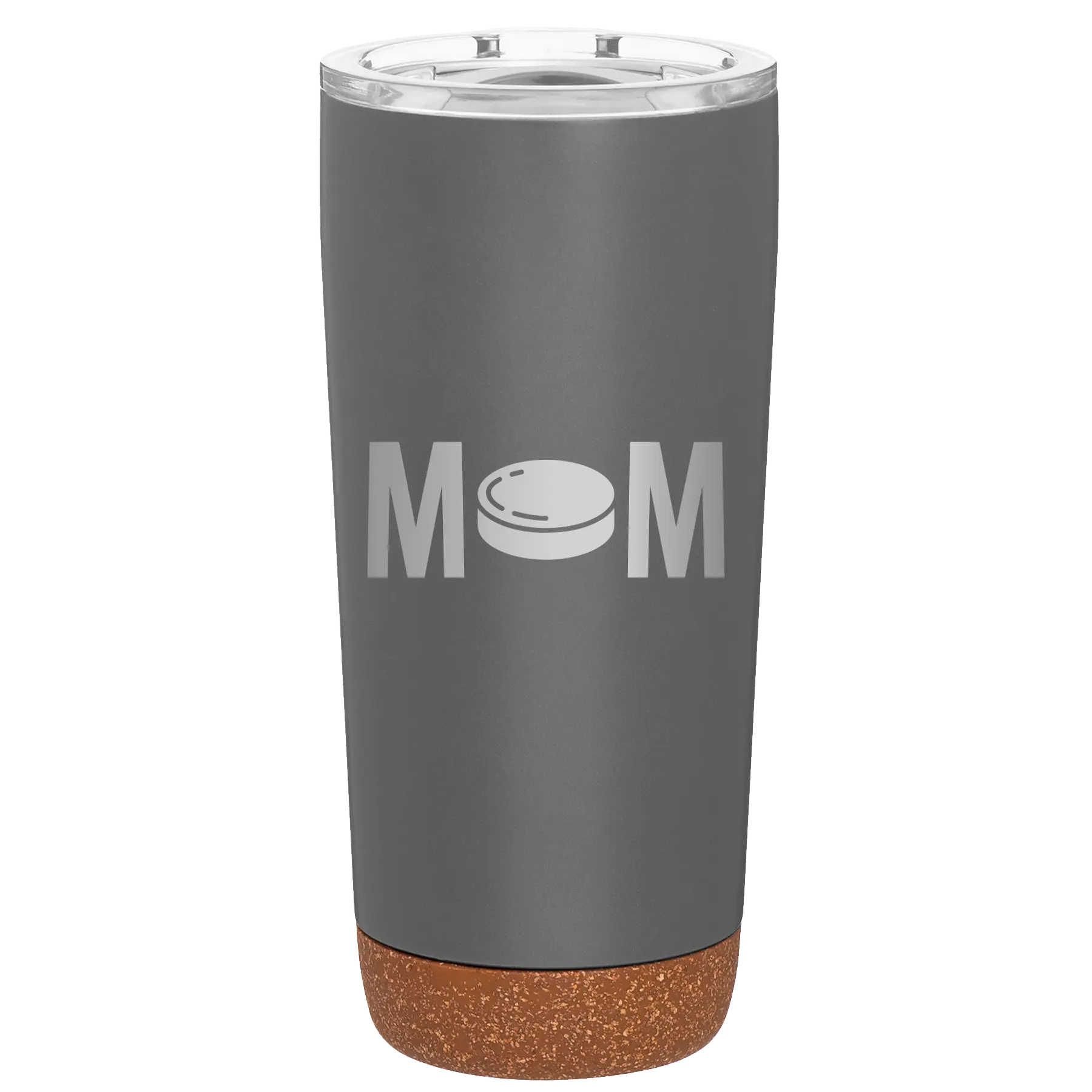 Laser etched storm gray 20 oz vacuum insulated tumbler with 'Mom Hockey' design
