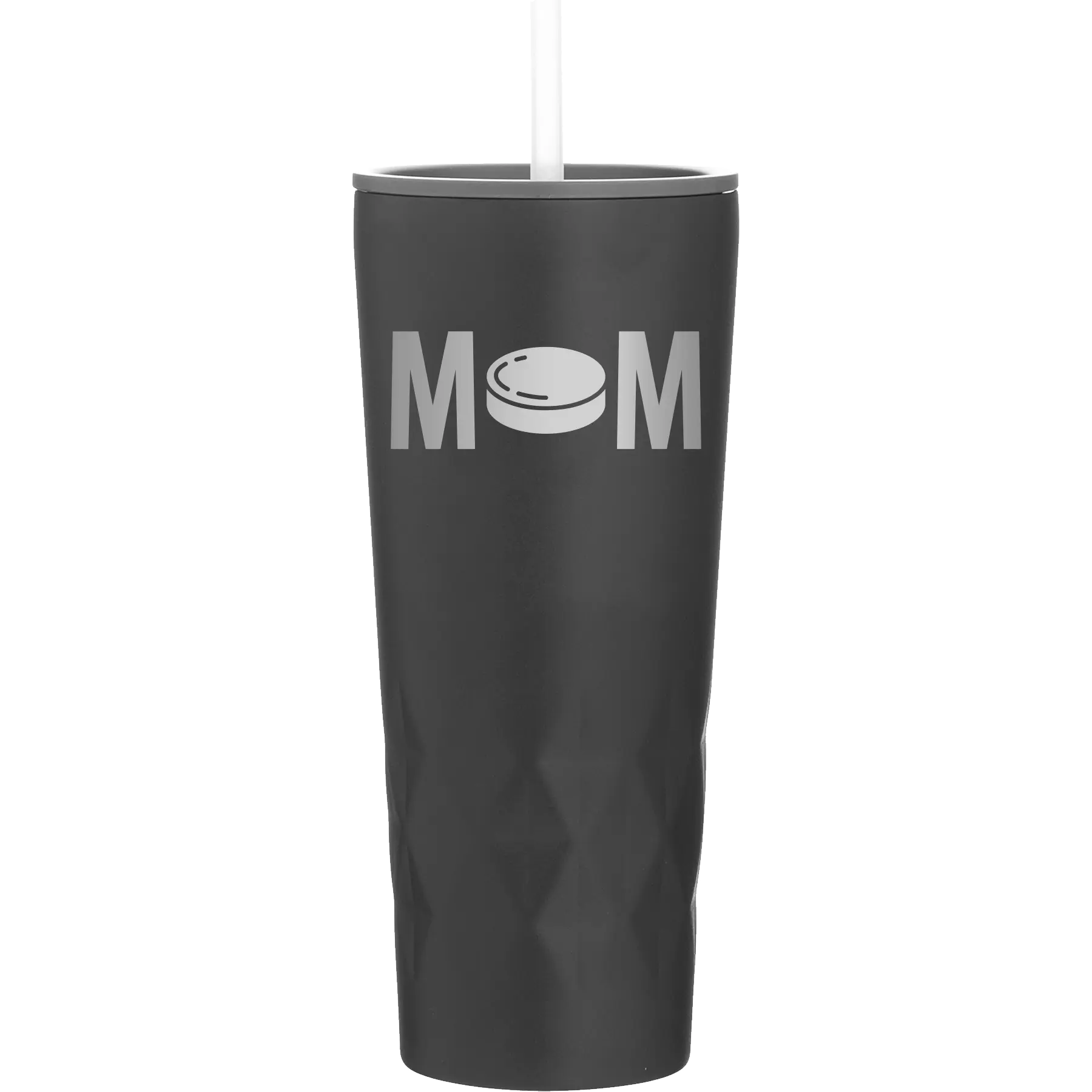 Laser etched black 20 oz vacuum insulated tumbler with 'Mom Hockey' design
