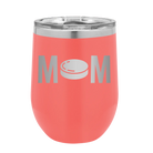 Laser etched coral 12 oz vacuum insulated wine cup with 'Mom Hockey' design
