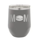 Laser etched dark gray 12 oz vacuum insulated wine cup with 'Mom Hockey' design