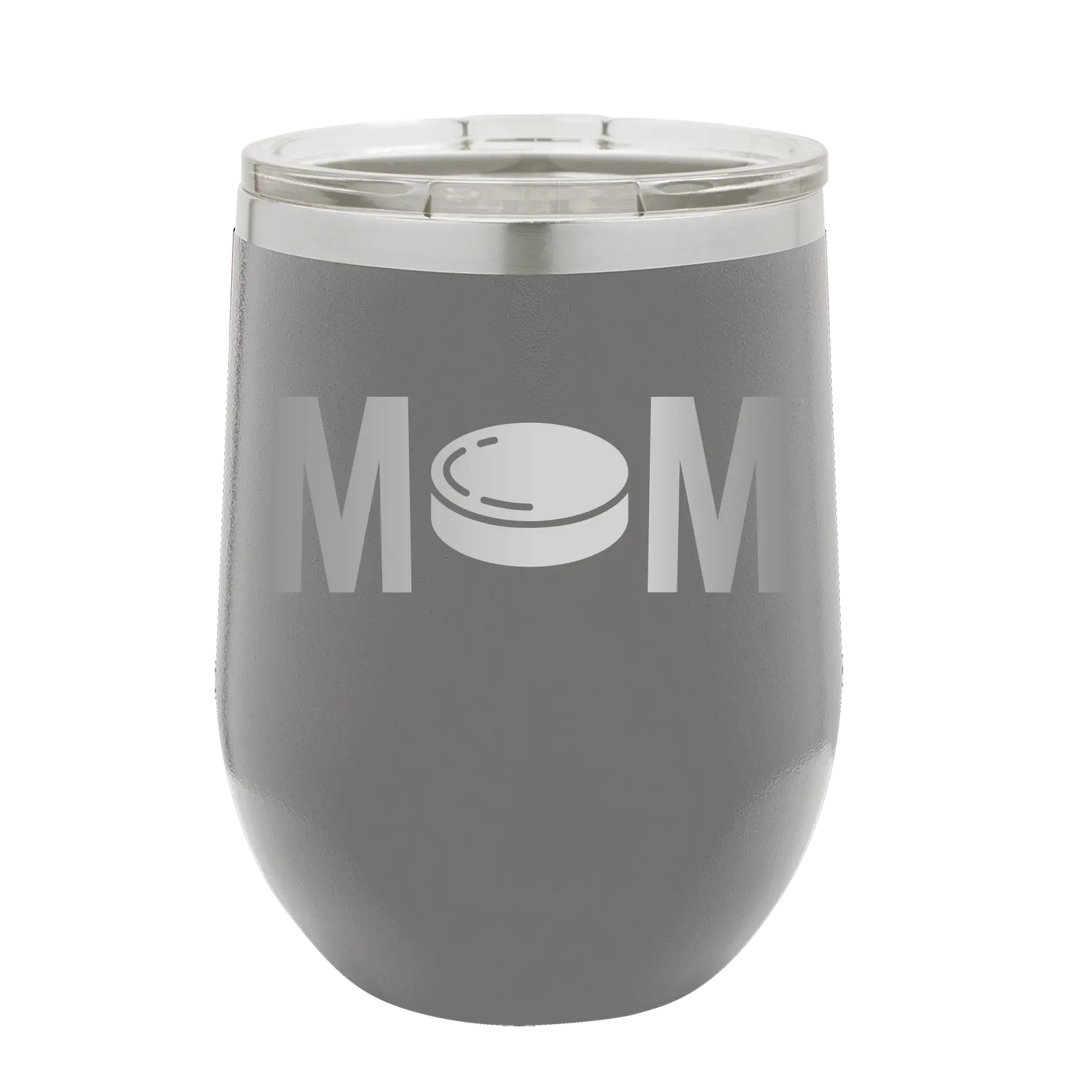 Laser etched dark gray 12 oz vacuum insulated wine cup with 'Mom Hockey' design