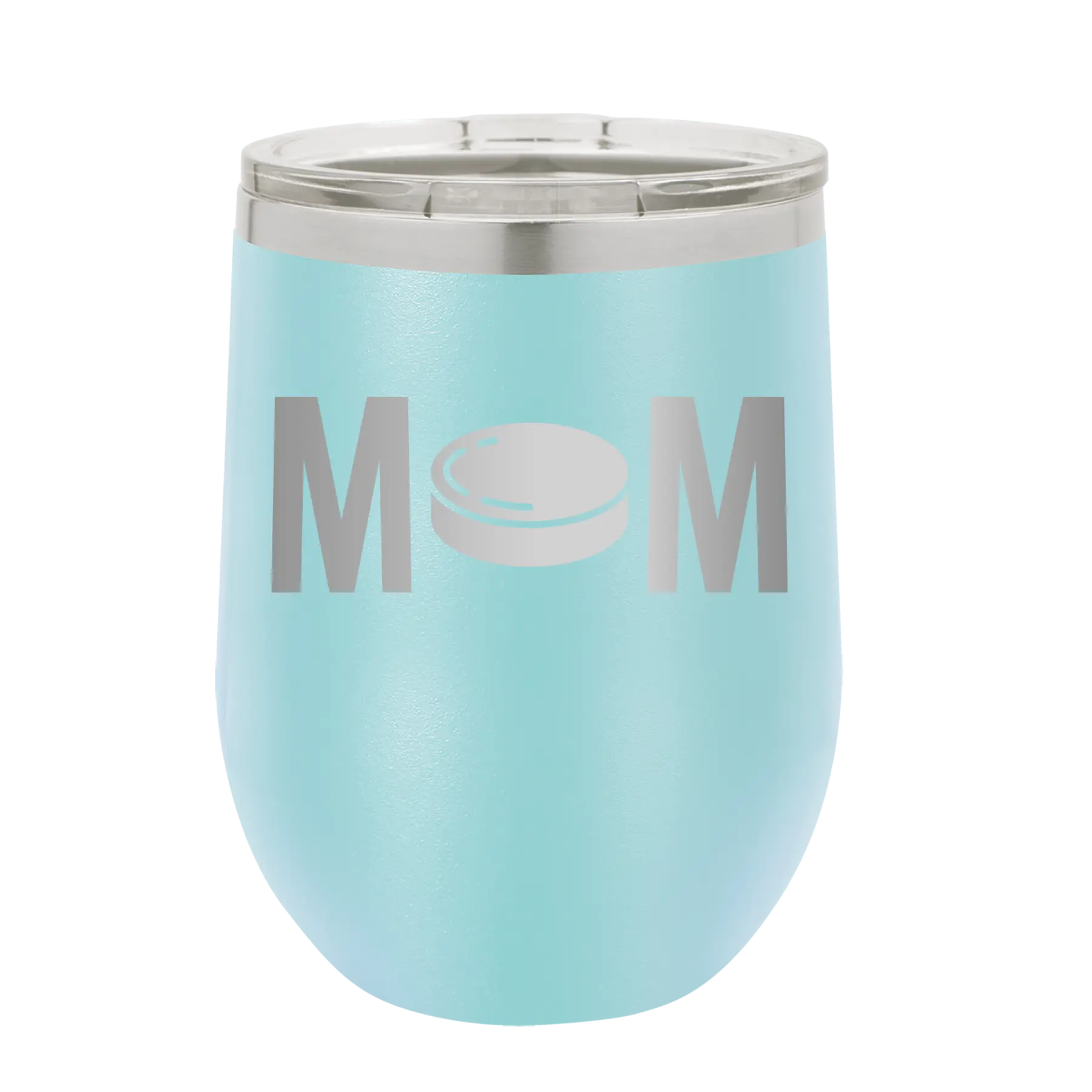 Laser etched light blue 12 oz vacuum insulated wine cup with 'Mom Hockey' design