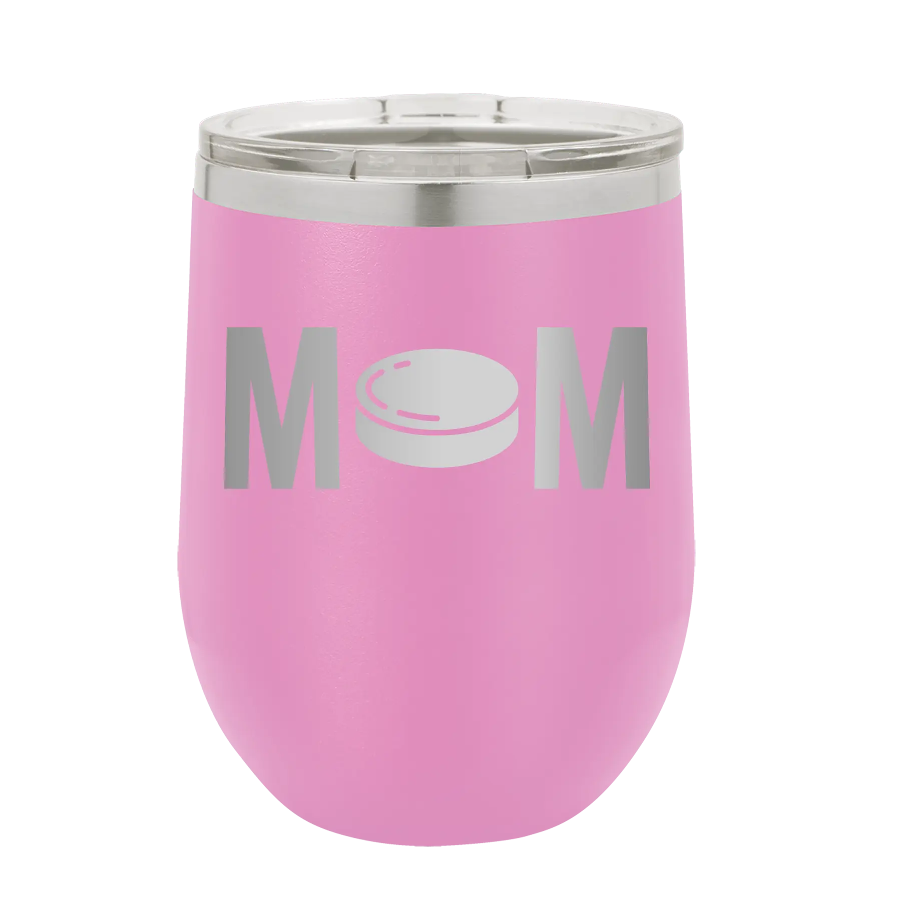 Laser etched light purple 12 oz vacuum insulated wine cup with 'Mom Hockey' design