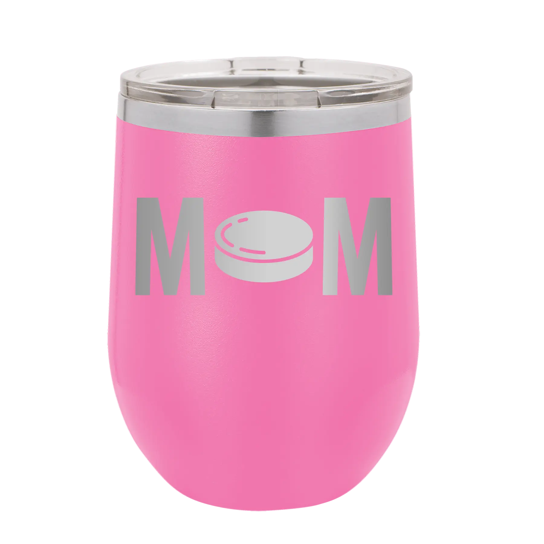 Laser etched pink 12 oz vacuum insulated wine cup with 'Mom Hockey' design