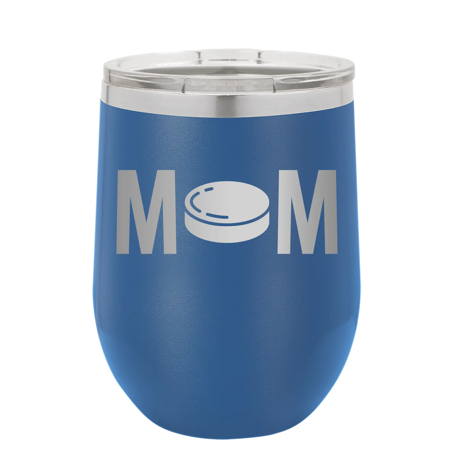 Laser etched royal blue 12 oz vacuum insulated wine cup with 'Mom Hockey' design