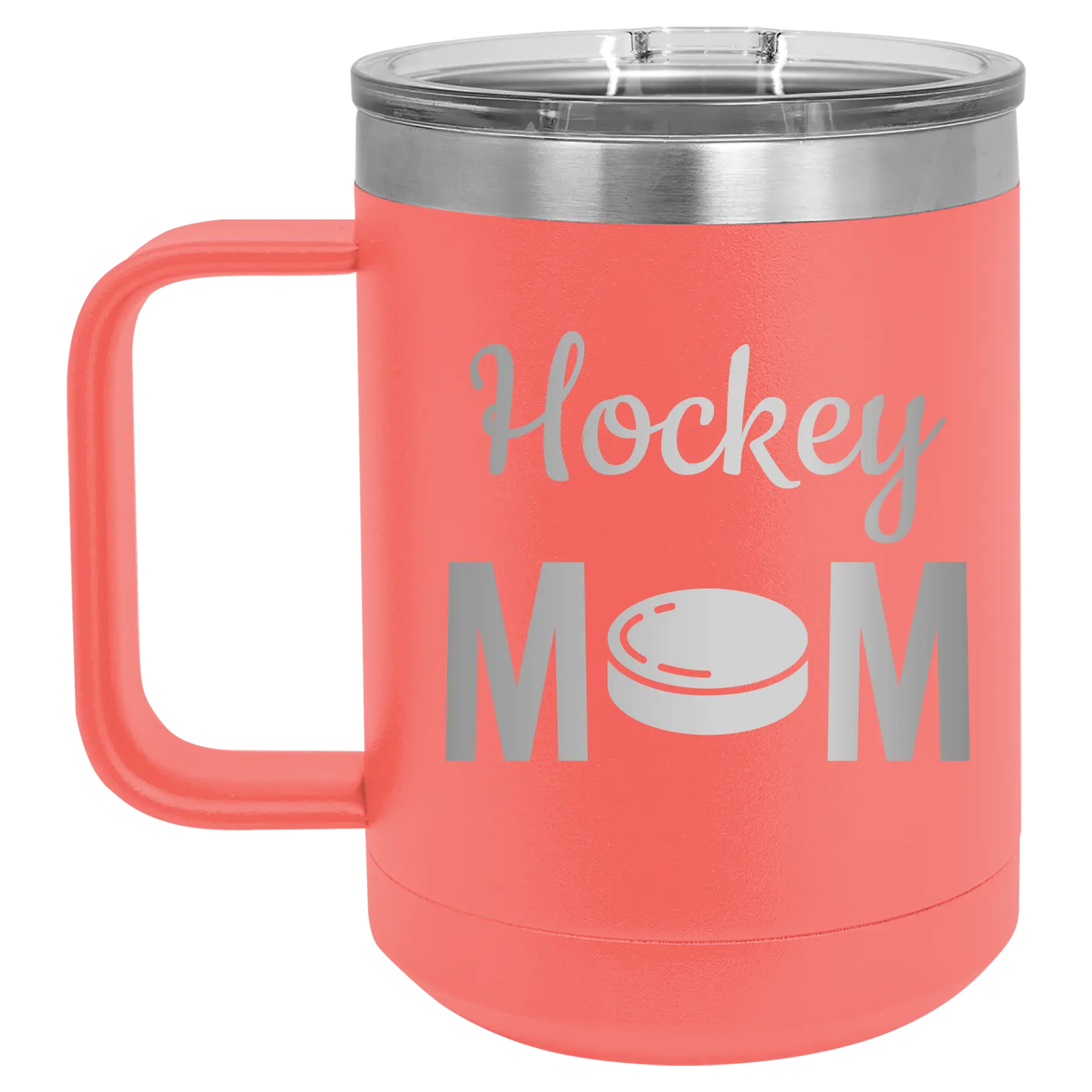 Laser etched coral 15 oz vacuum insulated coffee mug with 'Mom Hockey2' design