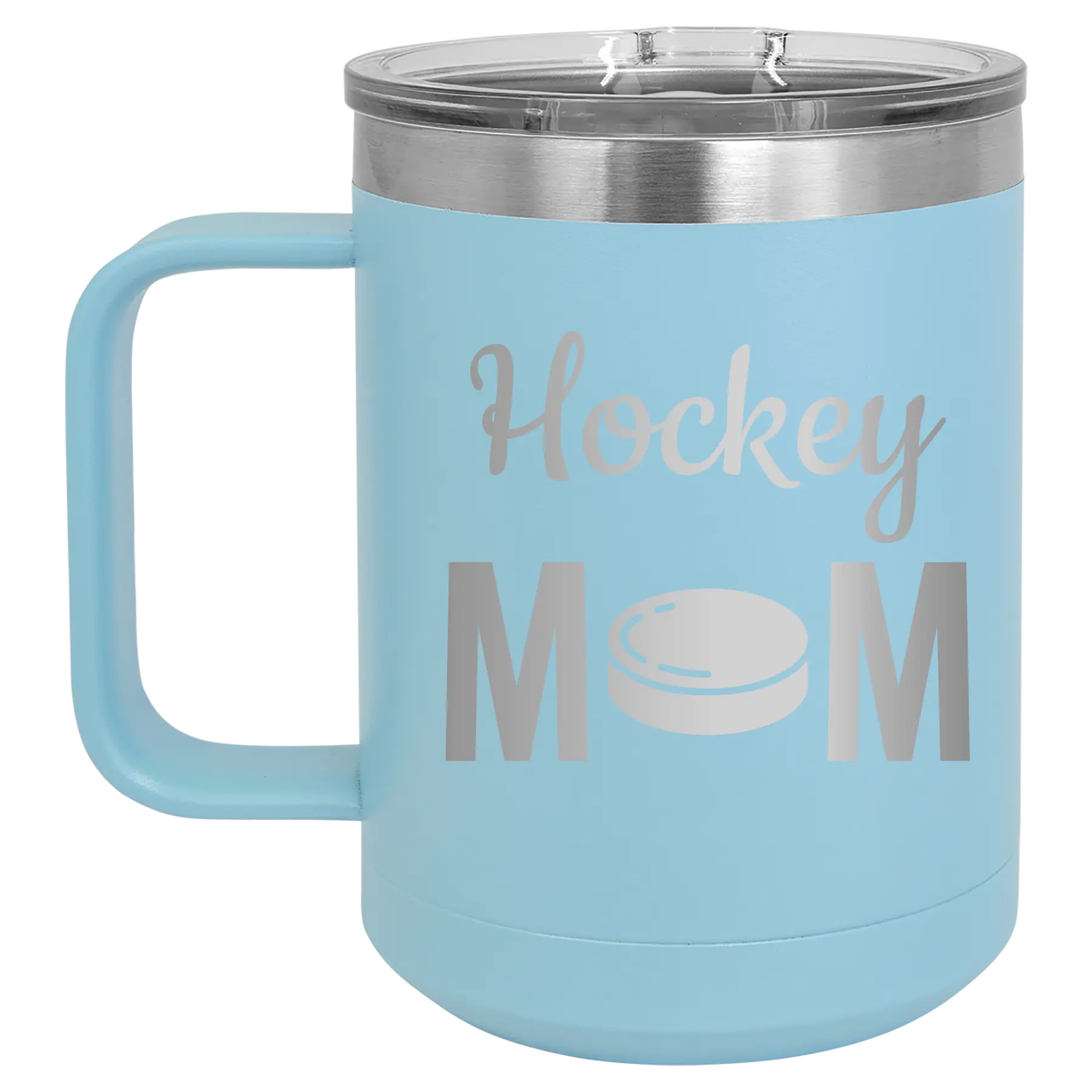 Laser etched light blue 15 oz vacuum insulated coffee mug with 'Mom Hockey2' design