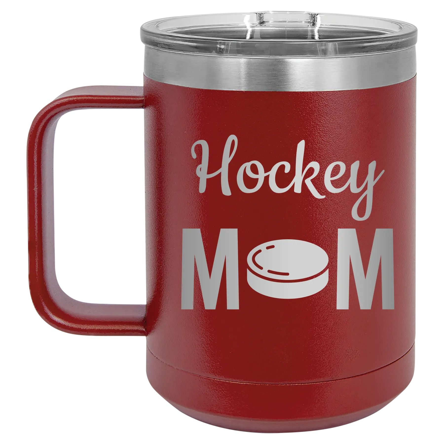 Laser etched maroon 15 oz vacuum insulated coffee mug with 'Mom Hockey2' design