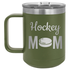 Laser etched olive green 15 oz vacuum insulated coffee mug with 'Mom Hockey2' design