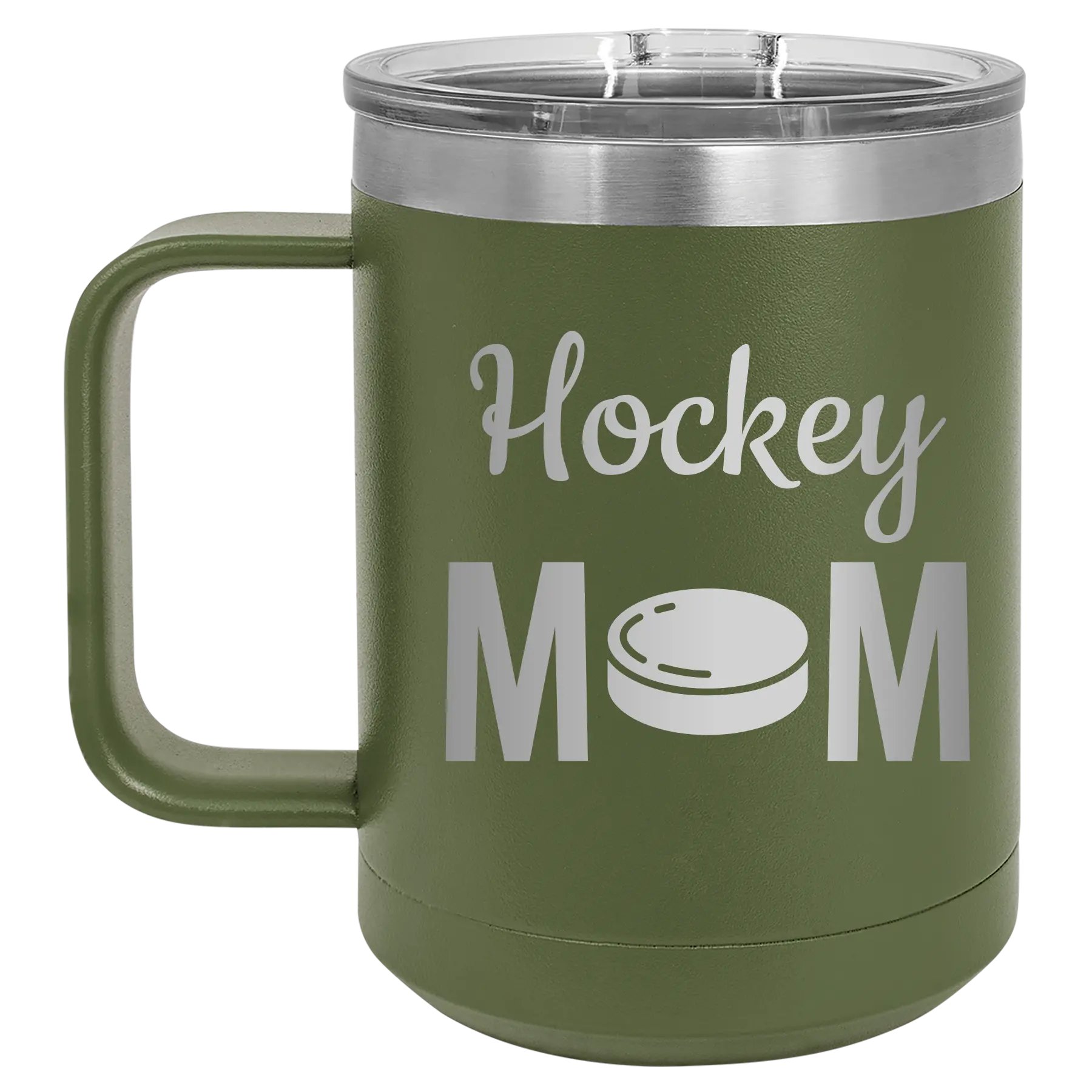 Laser etched olive green 15 oz vacuum insulated coffee mug with 'Mom Hockey2' design