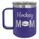 Laser etched purple 15 oz vacuum insulated coffee mug with 'Mom Hockey2' design