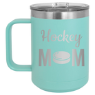 Laser etched teal 15 oz vacuum insulated coffee mug with 'Mom Hockey2' design