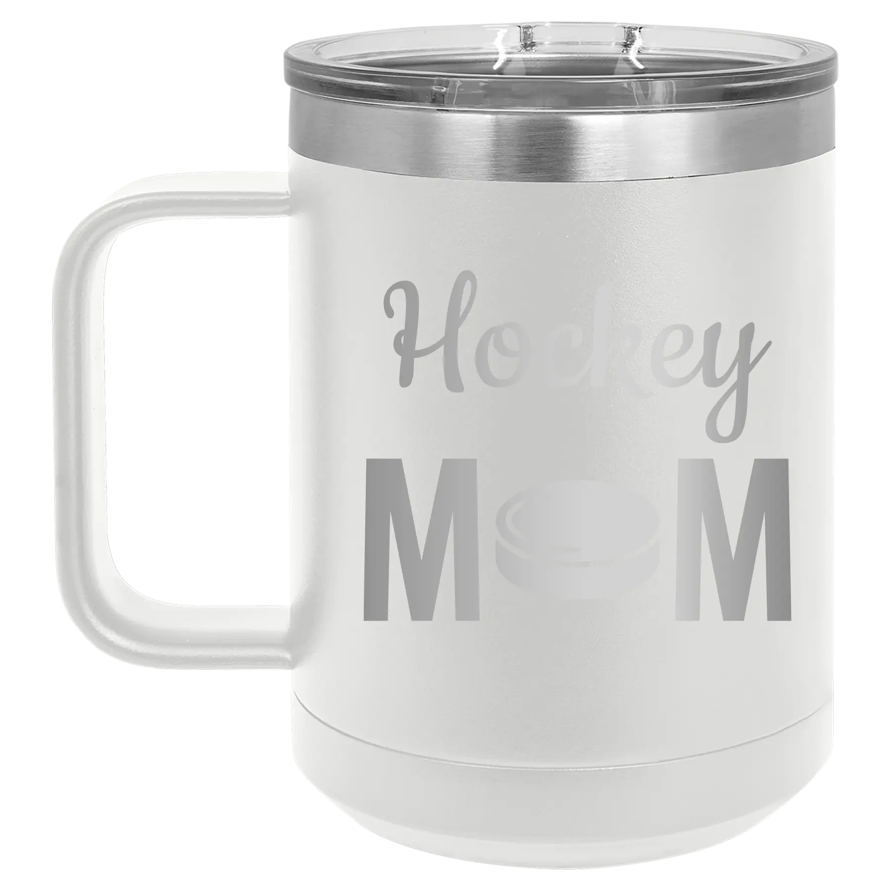 Laser etched white 15 oz vacuum insulated coffee mug with 'Mom Hockey2' design