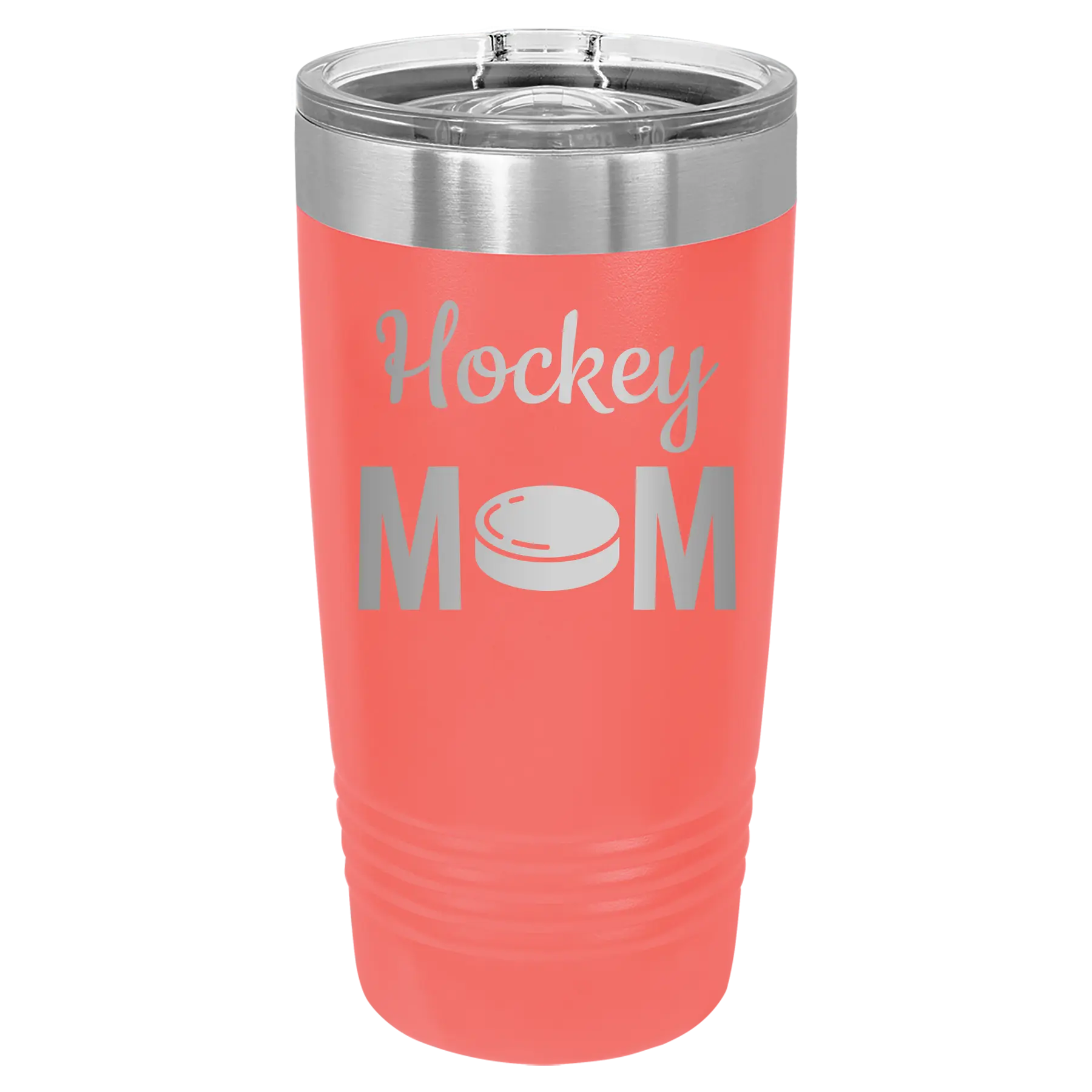 Laser etched coral 20 oz vacuum insulated tumbler with 'Mom Hockey2' design