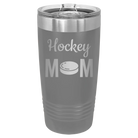 Laser etched dark gray 20 oz vacuum insulated tumbler with 'Mom Hockey2' design