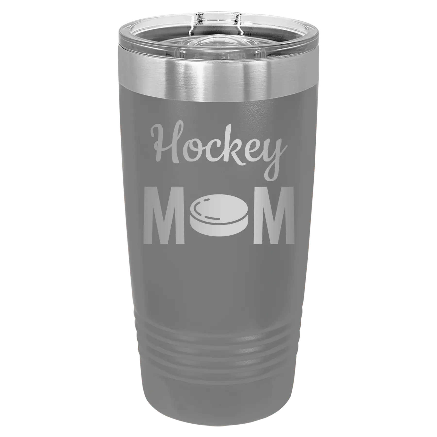 Laser etched dark gray 20 oz vacuum insulated tumbler with 'Mom Hockey2' design
