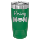 Laser etched green 20 oz vacuum insulated tumbler with 'Mom Hockey2' design