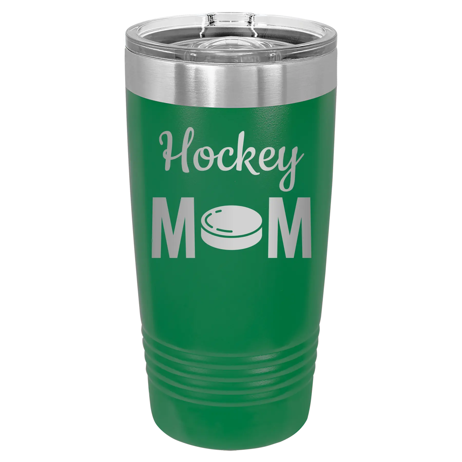 Laser etched green 20 oz vacuum insulated tumbler with 'Mom Hockey2' design