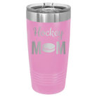 Laser etched light purple 20 oz vacuum insulated tumbler with 'Mom Hockey2' design