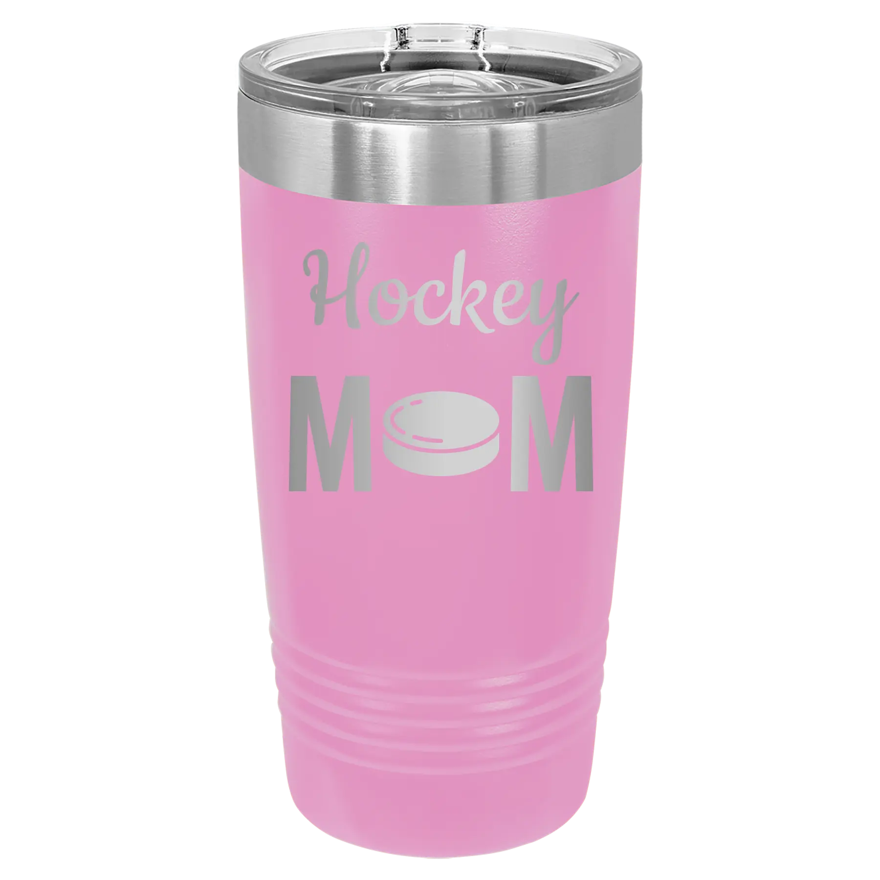 Laser etched light purple 20 oz vacuum insulated tumbler with 'Mom Hockey2' design