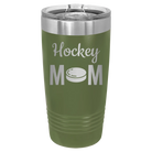 Laser etched olive green 20 oz vacuum insulated tumbler with 'Mom Hockey2' design