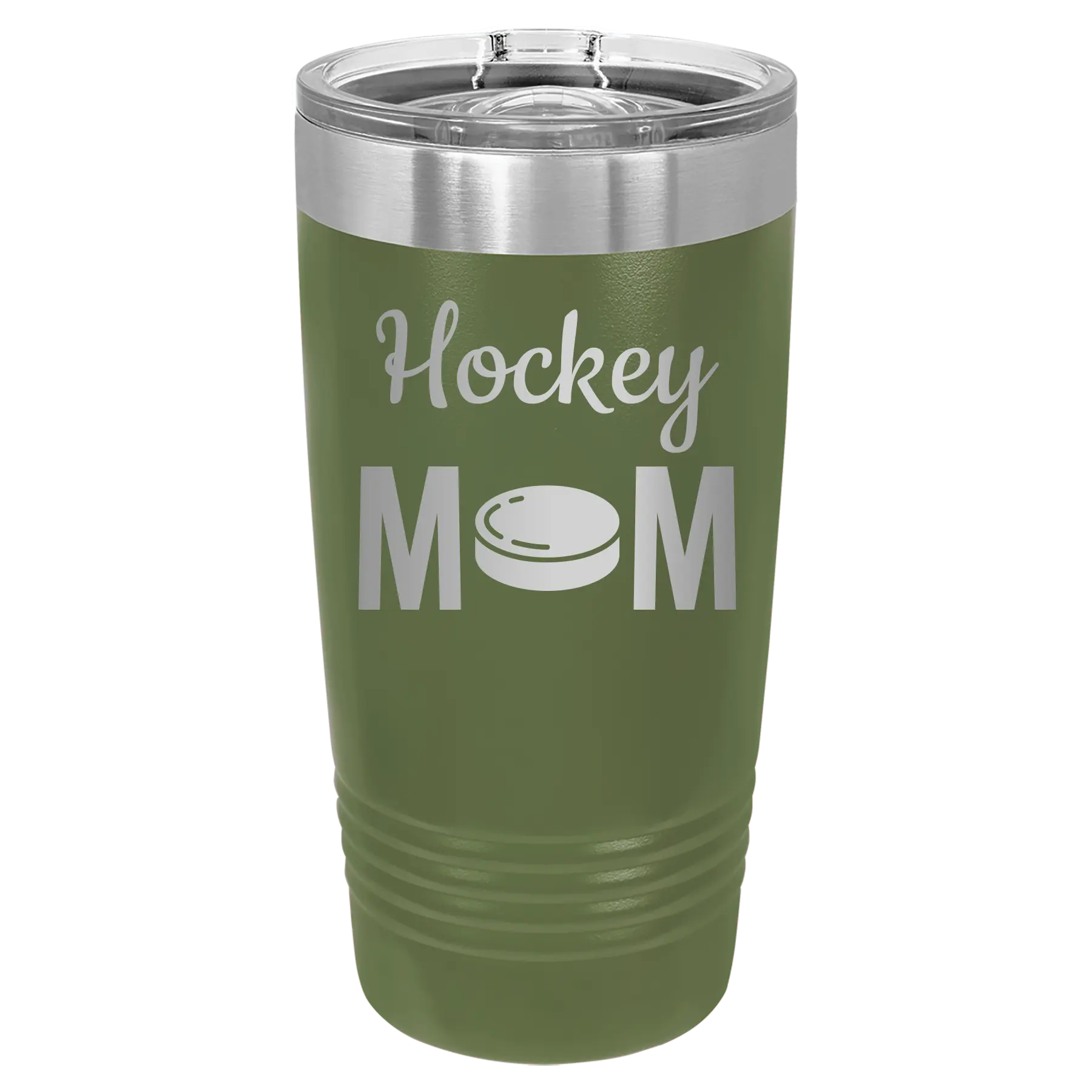 Laser etched olive green 20 oz vacuum insulated tumbler with 'Mom Hockey2' design