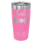 Laser etched pink 20 oz vacuum insulated tumbler with 'Mom Hockey2' design