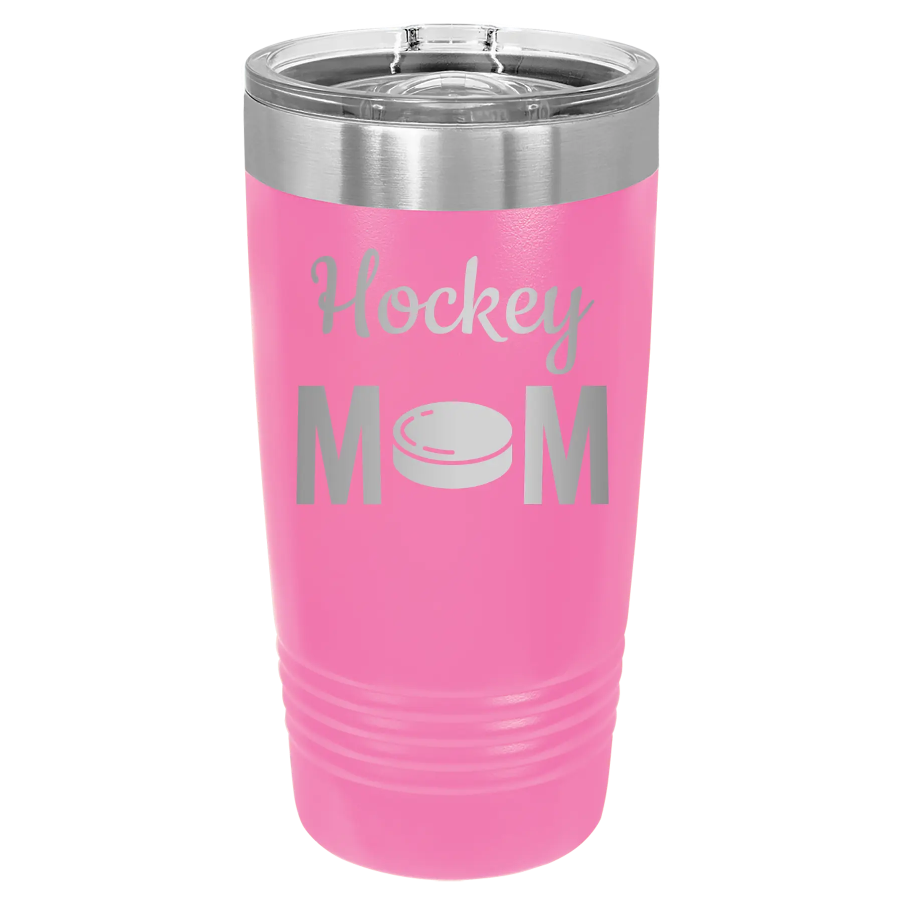 Laser etched pink 20 oz vacuum insulated tumbler with 'Mom Hockey2' design