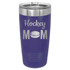 Laser etched purple 20 oz vacuum insulated tumbler with 'Mom Hockey2' design