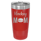 Laser etched red 20 oz vacuum insulated tumbler with 'Mom Hockey2' design