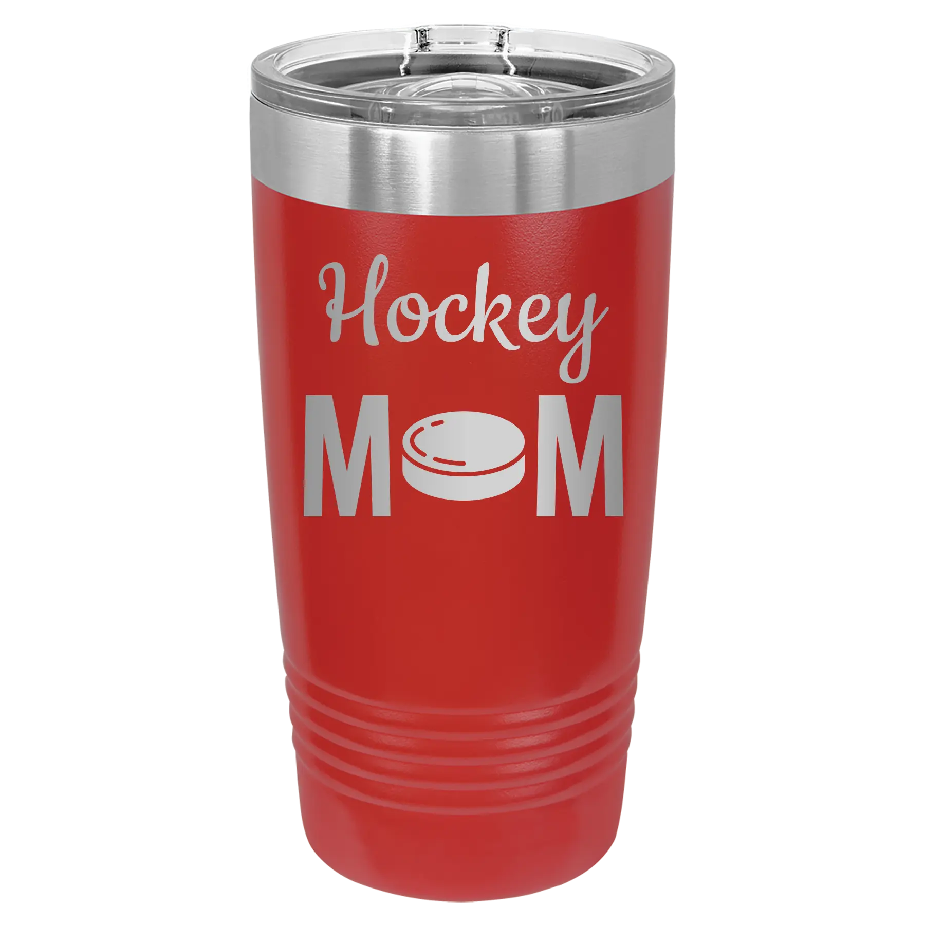 Laser etched red 20 oz vacuum insulated tumbler with 'Mom Hockey2' design