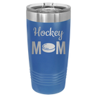Laser etched royal blue 20 oz vacuum insulated tumbler with 'Mom Hockey2' design