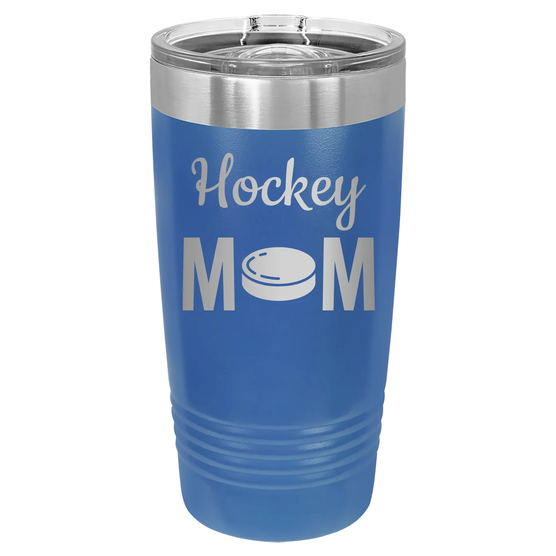 Laser etched royal blue 20 oz vacuum insulated tumbler with 'Mom Hockey2' design