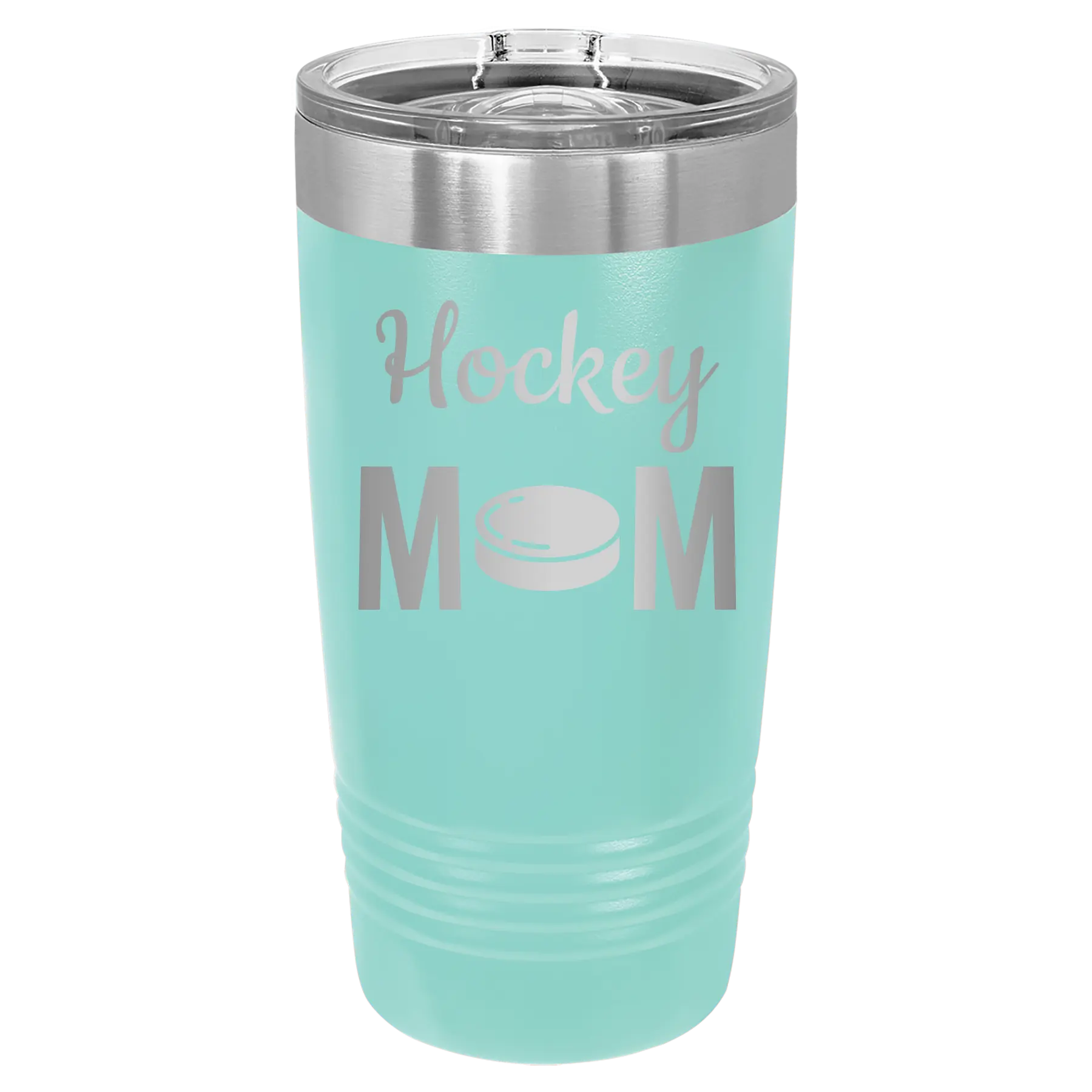 Laser etched teal 20 oz vacuum insulated tumbler with 'Mom Hockey2' design
